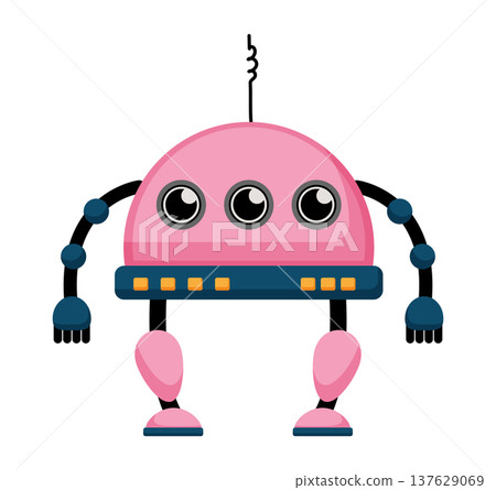 Flat vector illustration of a pink robot with three eyes, antenna and mechanical arms. Cute cartoon robot character isolated on a white background. Flat vector illustration of a pink robot with three eyes, antenna and mechanical arms. Cute cartoon robot character isolated on a white background. 137629069