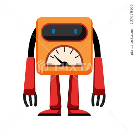 Flat vector illustration of a red robot with gauge panel and digital eyes. Friendly futuristic robot character isolated on a white background. Flat vector illustration of a red robot with gauge panel and digital eyes. Friendly futuristic robot character isolated on a white background. 137629106