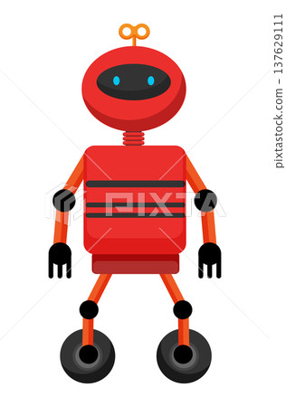 Flat vector illustration of a red robot with round head, mechanical arms and wheels instead of feet. Cartoon robot character isolated on a white background. Flat vector illustration of a red robot with round head, mechanical arms and wheels instead of feet. Cartoon robot character isolated on a white background. 137629111