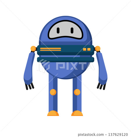 Flat vector illustration of a round blue robot with simple mechanical arms and legs. Friendly cartoon robot isolated on a white background. 137629120
