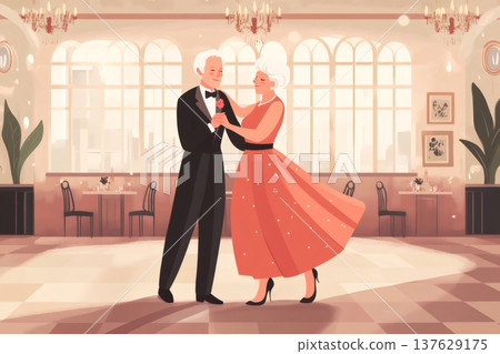 Senior couple enjoying dancing ballroom, celebrating romance and shared moments in a chic restaurant setting, featuring chandeliers and large windows 137629175