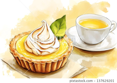 Lemon meringue tartlet offering a sweet and tangy treat with a delicate swirl of meringue next to a warm cup of tea 137629201