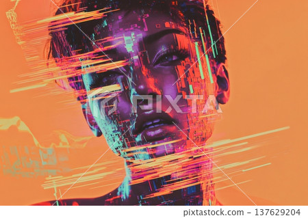 Woman's head showing a digital glitch effect and data streaming across her face, depicting concepts of artificial intelligence 137629204