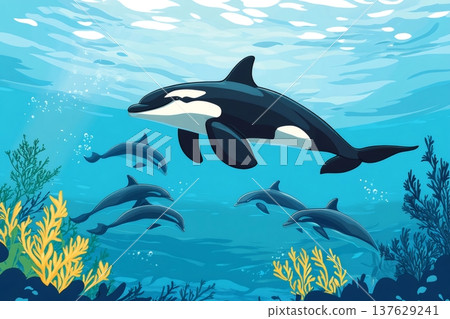 Orca whale swimming with a large pod of dolphins in the ocean, showing marine wildlife and underwater life 137629241