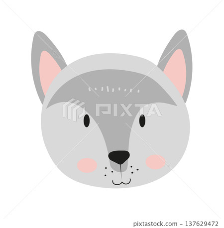 Cute cartoon wolf face with pointed ears and soft fur pattern. Flat vector illustration of a forest predator animal character isolated on white background for kids prints, nursery decor and stickers. Cute cartoon wolf face with pointed ears and soft fur pattern. Flat vector illustration of a forest predator animal character isolated on white background for kids prints, nursery decor and stickers. 137629472
