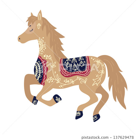 Stylized horse decorated with ornamental ethnic patterns. Cartoon vector illustration of farm animal isolated on white background. Stylized horse decorated with ornamental ethnic patterns. Cartoon vector illustration of farm animal isolated on white background. 137629478
