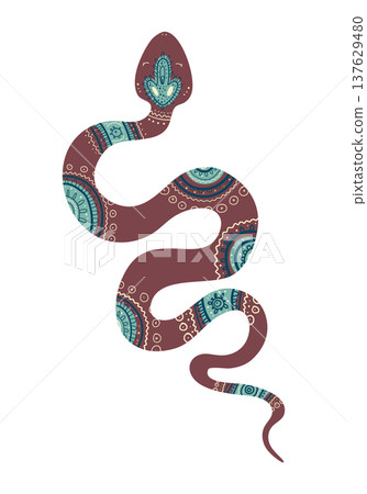 Stylized snake decorated with ornamental ethnic patterns. Cartoon vector illustration of reptile isolated on white background. Stylized snake decorated with ornamental ethnic patterns. Cartoon vector illustration of reptile isolated on white background. 137629480