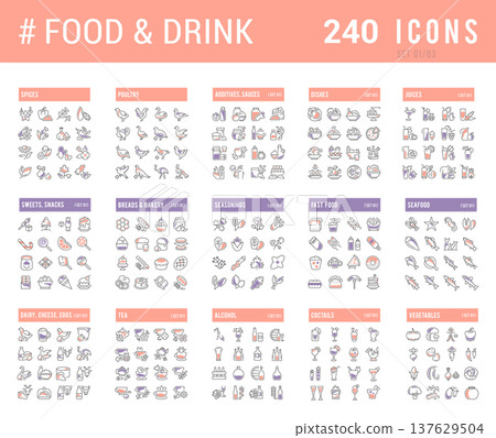 Collection Linear Icons of Food and Drinks. Collection Linear Icons of Food and Drinks. 137629504