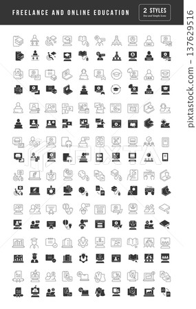 Set of simple icons of Freelance and Online Education Set of simple icons of Freelance and Online Education 137629516