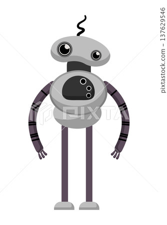 Flat vector illustration of a gray robot with big eyes and long flexible arms. Friendly futuristic cartoon robot isolated on a white background. 137629546