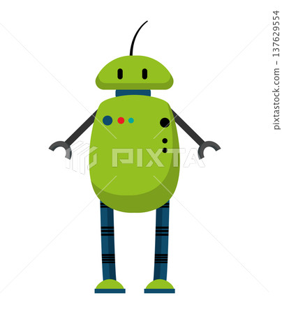 Flat vector illustration of a green cartoon robot with antenna and simple mechanical arms. Friendly futuristic robot isolated on a white background. Flat vector illustration of a green cartoon robot with antenna and simple mechanical arms. Friendly futuristic robot isolated on a white background. 137629554