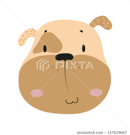 Cute cartoon dog face with floppy ears. Flat vector illustration of a friendly pet character isolated on white background for kids prints, nursery decor, stickers and greeting cards. Cute cartoon dog face with floppy ears. Flat vector illustration of a friendly pet character isolated on white background for kids prints, nursery decor, stickers and greeting cards. 137629667