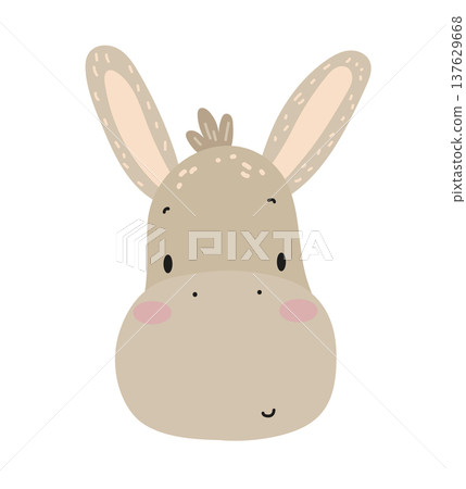 Cute cartoon donkey face with long ears. Flat vector illustration of a friendly farm animal character isolated on white background for children prints, stickers and nursery design. 137629668