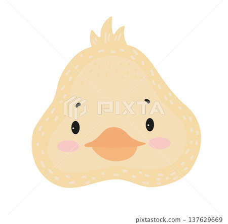 Flat vector illustration of a cute duckling face. Cartoon farm bird isolated on a white background. Flat vector illustration of a cute duckling face. Cartoon farm bird isolated on a white background. 137629669