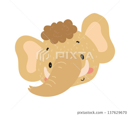 Flat vector illustration of a cute elephant face with trunk and big ears. Cartoon safari animal isolated on a white background. Flat vector illustration of a cute elephant face with trunk and big ears. Cartoon safari animal isolated on a white background. 137629670