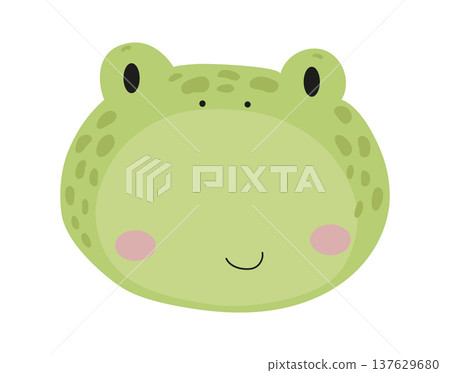 Cute cartoon frog face with big eyes and a smiling expression. Flat vector illustration of an amphibian animal character isolated on white background for kids prints, nursery decor, stickers and 137629680