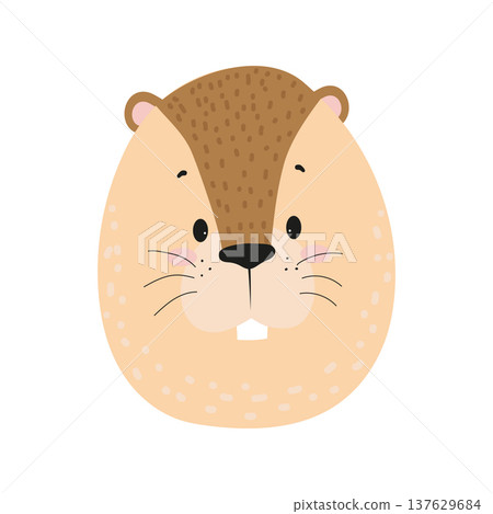 Flat vector illustration of a cute groundhog face with small ears, whiskers and large front teeth. Cartoon animal character isolated on a white background. 137629684