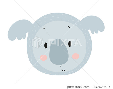 Cute cartoon koala face with big nose and round ears. Flat vector illustration of an Australian animal character isolated on white background for kids prints, nursery decor, stickers and children Cute cartoon koala face with big nose and round ears. Flat vector illustration of an Australian animal character isolated on white background for kids prints, nursery decor, stickers and children 137629693