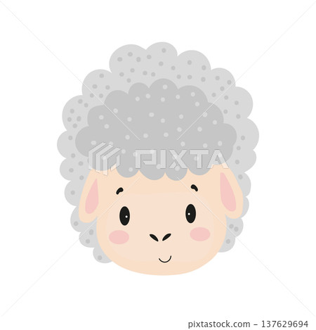 Flat vector illustration of a cute lamb face with fluffy wool. Cartoon farm animal character isolated on a white background. 137629694