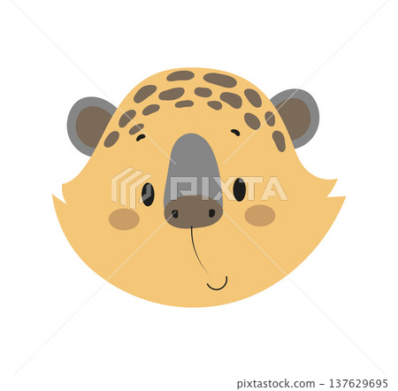 Flat vector illustration of a cute leopard face with spotted fur, rounded ears and a small nose. Cartoon wild animal character isolated on a white background. 137629695