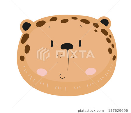 Cute cartoon leopard face with spots and round ears. Flat vector illustration of a wild jungle animal character isolated on white background for kids prints, nursery decor, stickers and design. 137629696