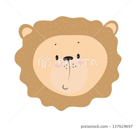 Cute cartoon lion face with mane. Flat vector illustration of a wild savanna animal character isolated on white background for children prints, nursery decor, stickers and posters. 137629697