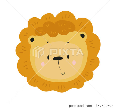 Cute cartoon lion face with fluffy mane and friendly smile. Flat vector illustration of a safari animal character isolated on white background for kids prints, nursery decor, stickers and children 137629698
