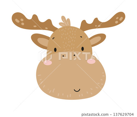 Cute cartoon moose face with antlers. Flat vector illustration of a forest animal character isolated on white background for kids prints, nursery design, stickers and posters. Cute cartoon moose face with antlers. Flat vector illustration of a forest animal character isolated on white background for kids prints, nursery design, stickers and posters. 137629704
