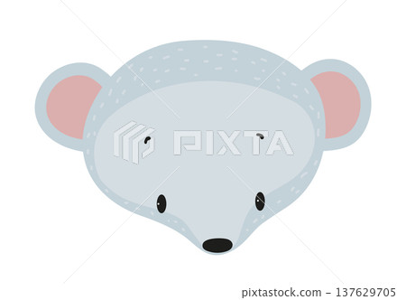 Cute cartoon mouse face with big ears and tiny nose. Flat vector illustration of a small animal character isolated on white background for kids prints, nursery decor, stickers and children design. 137629705