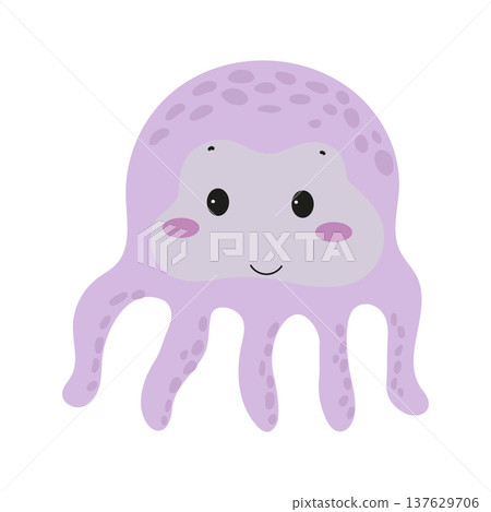 Flat vector illustration of a cute octopus with tentacles. Cartoon sea animal isolated on a white background. Flat vector illustration of a cute octopus with tentacles. Cartoon sea animal isolated on a white background. 137629706