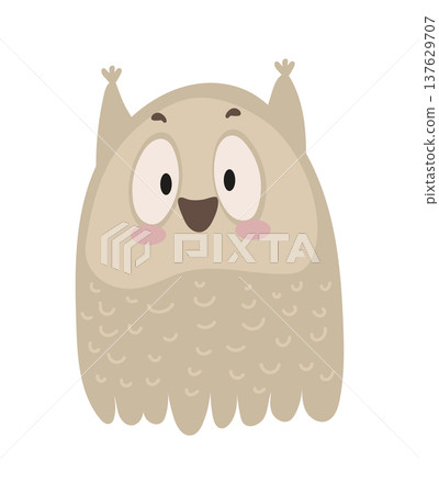 Flat vector illustration of a cute cartoon owl with big eyes and small feather tufts. Adorable forest bird character isolated on a white background. Flat vector illustration of a cute cartoon owl with big eyes and small feather tufts. Adorable forest bird character isolated on a white background. 137629707