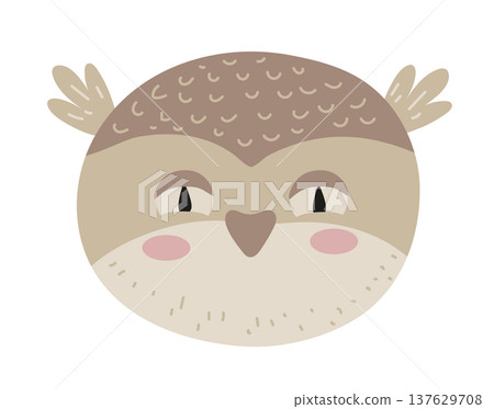 Cute cartoon owl face with soft feathers and sleepy eyes. Flat vector illustration of a forest bird character isolated on white background for kids prints, nursery decor and stickers. Cute cartoon owl face with soft feathers and sleepy eyes. Flat vector illustration of a forest bird character isolated on white background for kids prints, nursery decor and stickers. 137629708