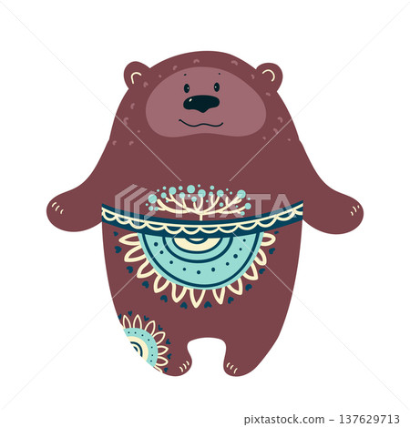 Cute stylized bear decorated with ornamental ethnic patterns. Cartoon vector illustration of forest animal isolated on white background. Cute stylized bear decorated with ornamental ethnic patterns. Cartoon vector illustration of forest animal isolated on white background. 137629713