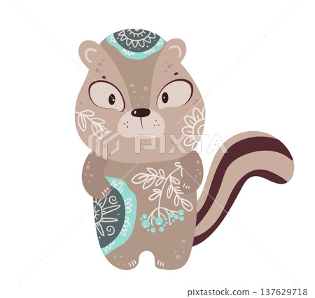 Cute stylized chipmunk decorated with ornamental ethnic patterns. Cartoon vector illustration of forest animal isolated on white background. Cute stylized chipmunk decorated with ornamental ethnic patterns. Cartoon vector illustration of forest animal isolated on white background. 137629718