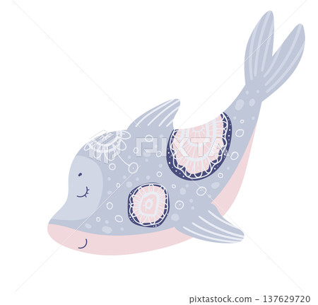 Cute stylized dolphin decorated with ornamental ethnic patterns. Cartoon vector illustration of marine mammal isolated on white background. Cute stylized dolphin decorated with ornamental ethnic patterns. Cartoon vector illustration of marine mammal isolated on white background. 137629720