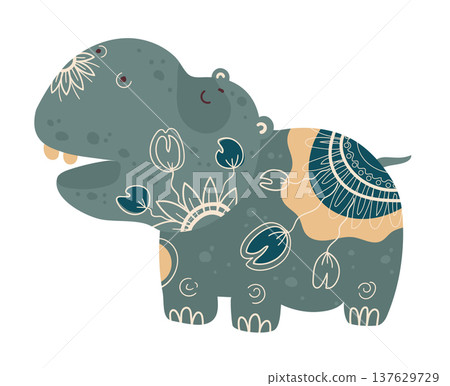 Cute hippopotamus decorated with ornamental ethnic patterns. Cartoon vector illustration of African animal isolated on white background. Cute hippopotamus decorated with ornamental ethnic patterns. Cartoon vector illustration of African animal isolated on white background. 137629729