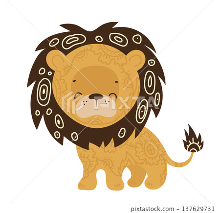 Cute stylized lion decorated with ornamental ethnic patterns. Cartoon vector illustration of safari animal isolated on white background. 137629731