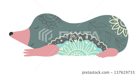 Cute stylized mole decorated with ornamental ethnic patterns. Cartoon vector illustration of underground forest animal isolated on white background. 137629733