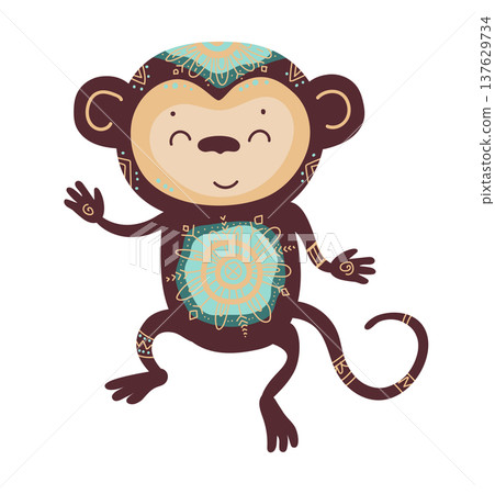 Cute stylized monkey decorated with ornamental ethnic patterns. Cartoon vector illustration of jungle animal isolated on white background. 137629734