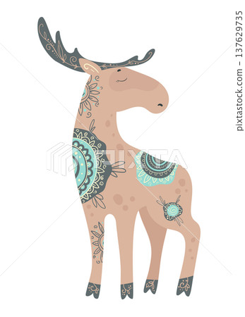 Cute stylized moose decorated with ornamental ethnic patterns. Cartoon vector illustration of forest animal isolated on white background. 137629735
