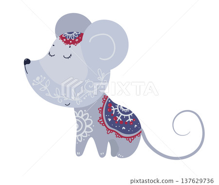 Cute stylized mouse decorated with ornamental ethnic patterns. Cartoon vector illustration of small animal isolated on white background. Cute stylized mouse decorated with ornamental ethnic patterns. Cartoon vector illustration of small animal isolated on white background. 137629736
