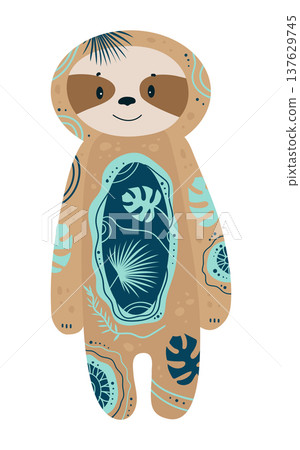 Cute stylized sloth decorated with ornamental tropical patterns. Cartoon vector illustration of jungle animal isolated on white background. Cute stylized sloth decorated with ornamental tropical patterns. Cartoon vector illustration of jungle animal isolated on white background. 137629745