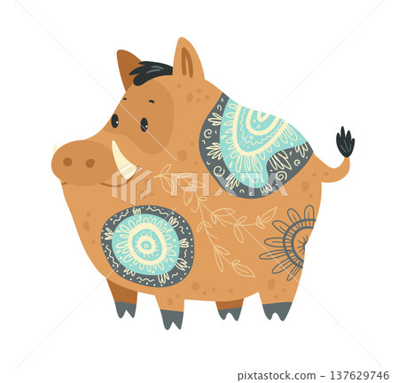 Cute stylized wild boar decorated with ornamental ethnic patterns. Cartoon vector illustration of forest animal isolated on white background. Cute stylized wild boar decorated with ornamental ethnic patterns. Cartoon vector illustration of forest animal isolated on white background. 137629746