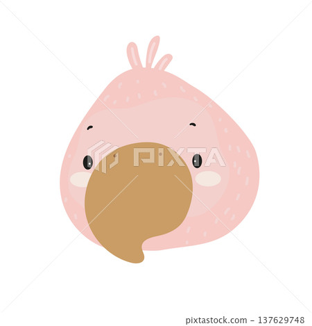 Flat vector illustration of a cute pelican face with a large beak and pouch. Cartoon bird character isolated on a white background. Flat vector illustration of a cute pelican face with a large beak and pouch. Cartoon bird character isolated on a white background. 137629748