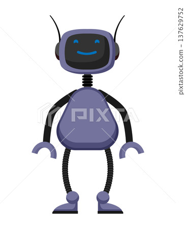 Flat vector illustration of a cute purple robot with a smiling screen face and antennas. Friendly futuristic robot character isolated on a white background. Flat vector illustration of a cute purple robot with a smiling screen face and antennas. Friendly futuristic robot character isolated on a white background. 137629752