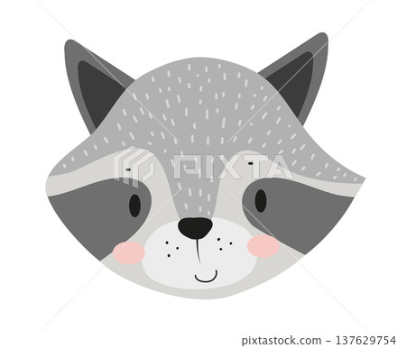 Cute cartoon raccoon face with dark mask and pointed ears. Flat vector illustration of a forest animal character isolated on white background for kids prints, nursery decor, stickers and children Cute cartoon raccoon face with dark mask and pointed ears. Flat vector illustration of a forest animal character isolated on white background for kids prints, nursery decor, stickers and children 137629754