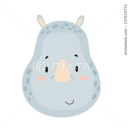 Cute cartoon rhinoceros face. Flat vector illustration of a wild savanna animal character isolated on white background for kids prints, stickers and nursery decoration. 137629755