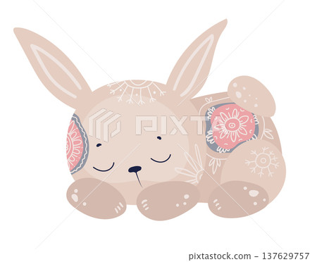 Cute stylized sleeping bunny decorated with ornamental ethnic patterns. Cartoon vector illustration of forest animal isolated on white background. Cute stylized sleeping bunny decorated with ornamental ethnic patterns. Cartoon vector illustration of forest animal isolated on white background. 137629757