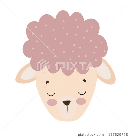 Cute cartoon sheep face with closed eyes and fluffy wool. Flat vector illustration of a farm animal character isolated on white background for nursery prints, baby design and stickers. 137629758