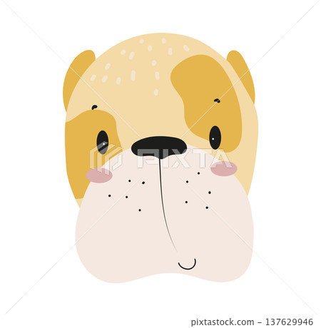 Flat vector illustration of a cute bulldog dog face. Cartoon pet character isolated on a white background. Flat vector illustration of a cute bulldog dog face. Cartoon pet character isolated on a white background. 137629946